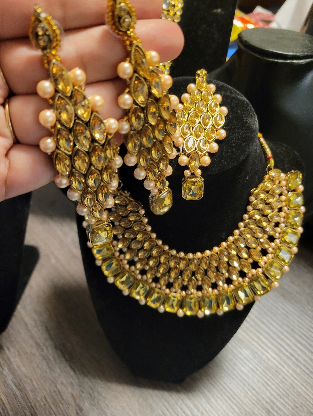 Gold-Tone Pearl and Crystal Statement Necklace with Matching Earrings & Tikka